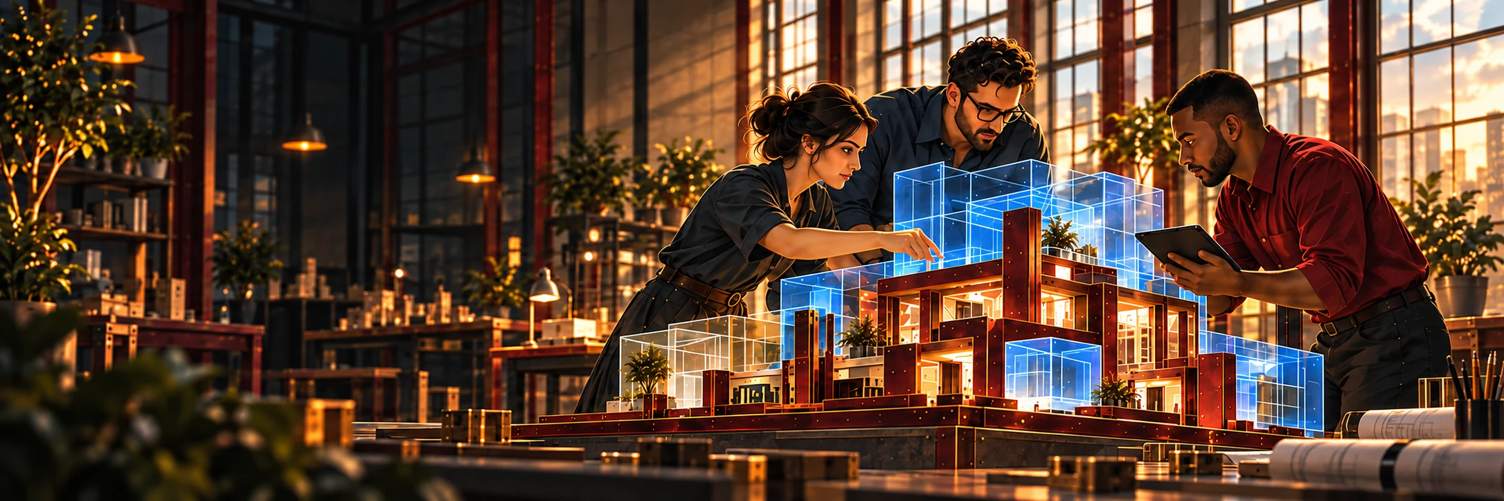 Three consultants refining a luminous architectural model in a contemporary industrial workshop
